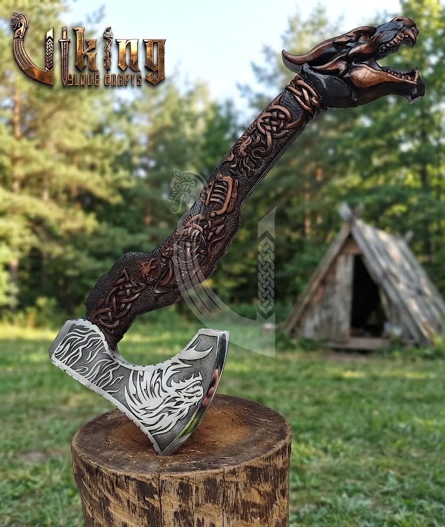 The Fáfnir Legacy 23" Hand-Forged 3D Carved Norse Dragon Axe