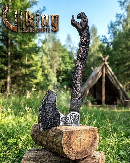 The Jormungandr Wrath 23" Hand-Forged Norse Serpent Carved Rosewood Axe