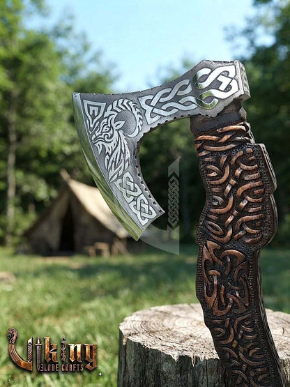 Hand-Forged 23" Norse Goat Carved Rosewood Axe | Goat Etched