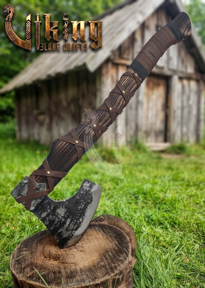 True Hand-Forged Viking Bearded Axe 30" | Leather-Wrapped Ergonomic Skeggøx