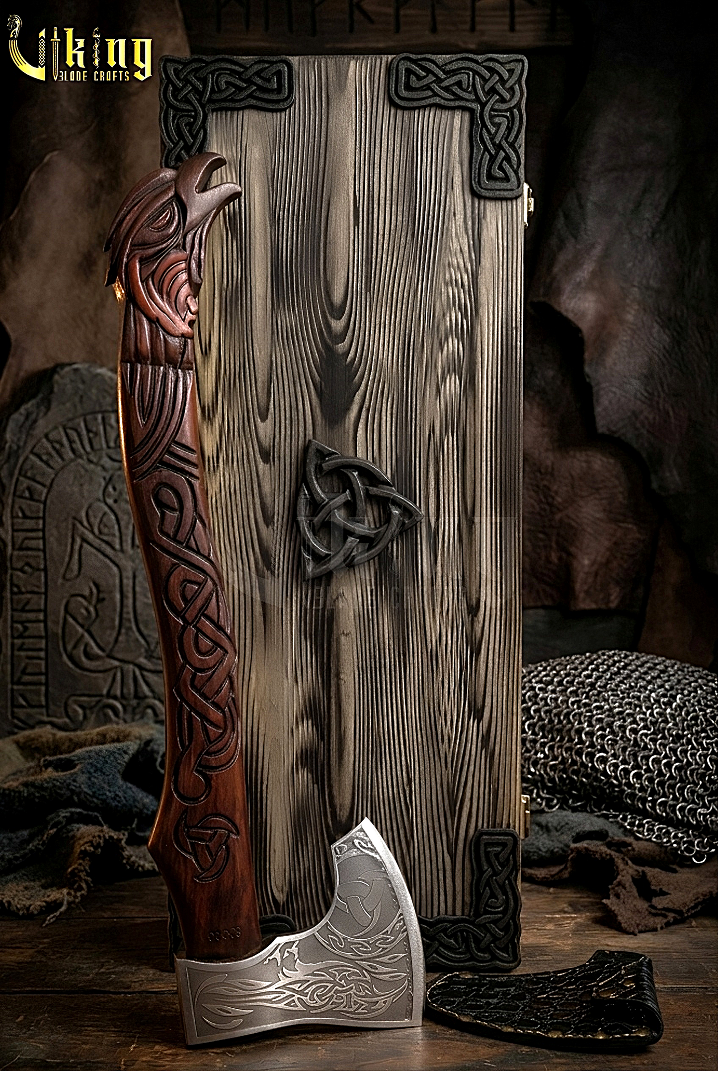 hand carved raven handle Viking axe made from forged steel