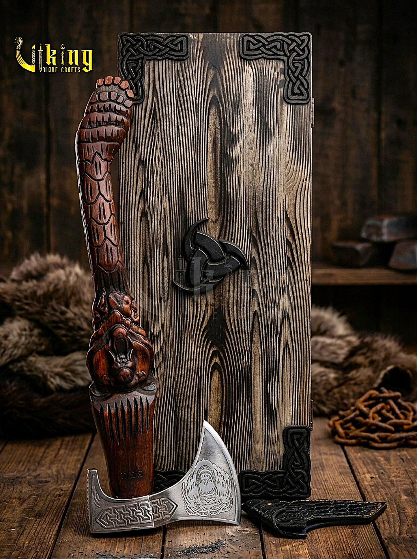 forged steel Viking bear axe with rosewood hand carved grip