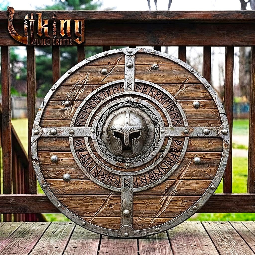 The Einherjar Vanguard 3D Helmet-Bossed Runic Viking Shield