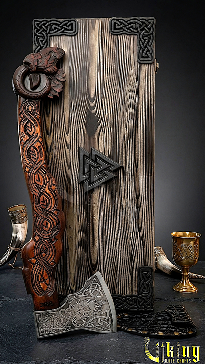 Norse Hrafn axe with detailed wood carving and steel blade