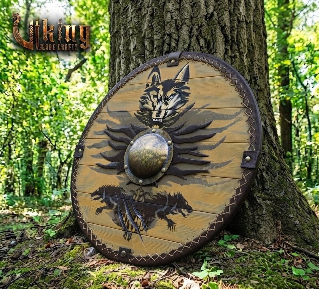 Fenrir's Pack Leather-Trimmed Wolf Viking Shield