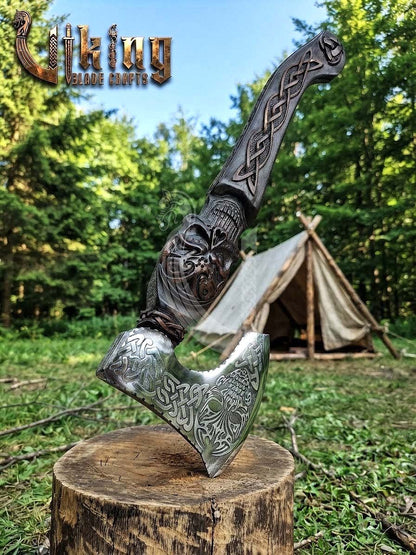 Hand-Forged 23" Norse Skull Carved Rosewood Axe | Skull Etched
