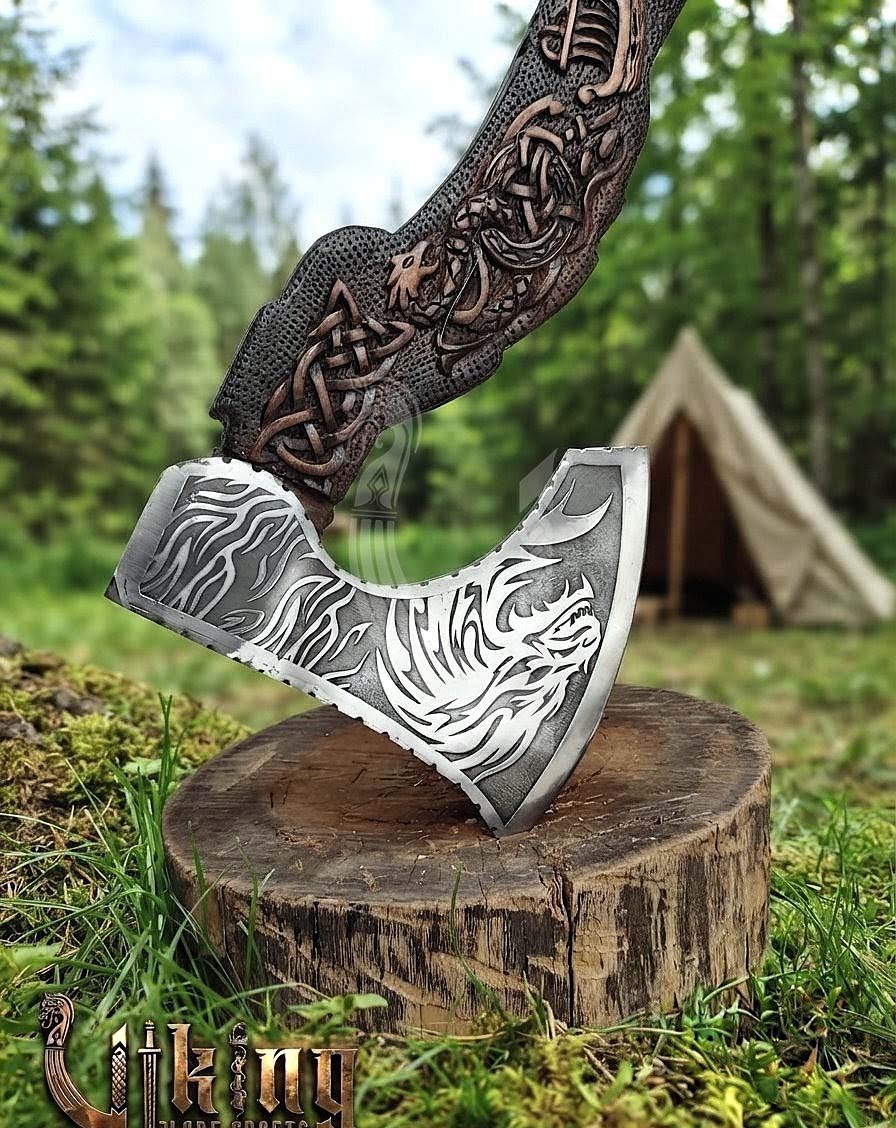 The Fáfnir Legacy 23" Hand-Forged 3D Carved Norse Dragon Axe