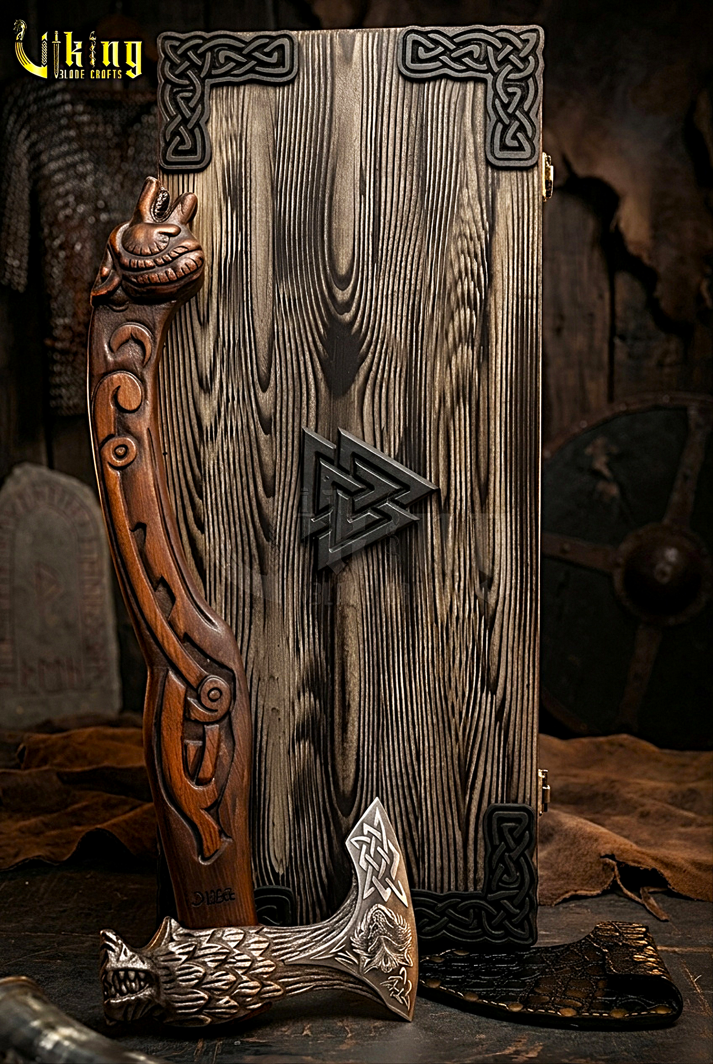 Norse wolf axe with handcrafted wood grip and leather sheath