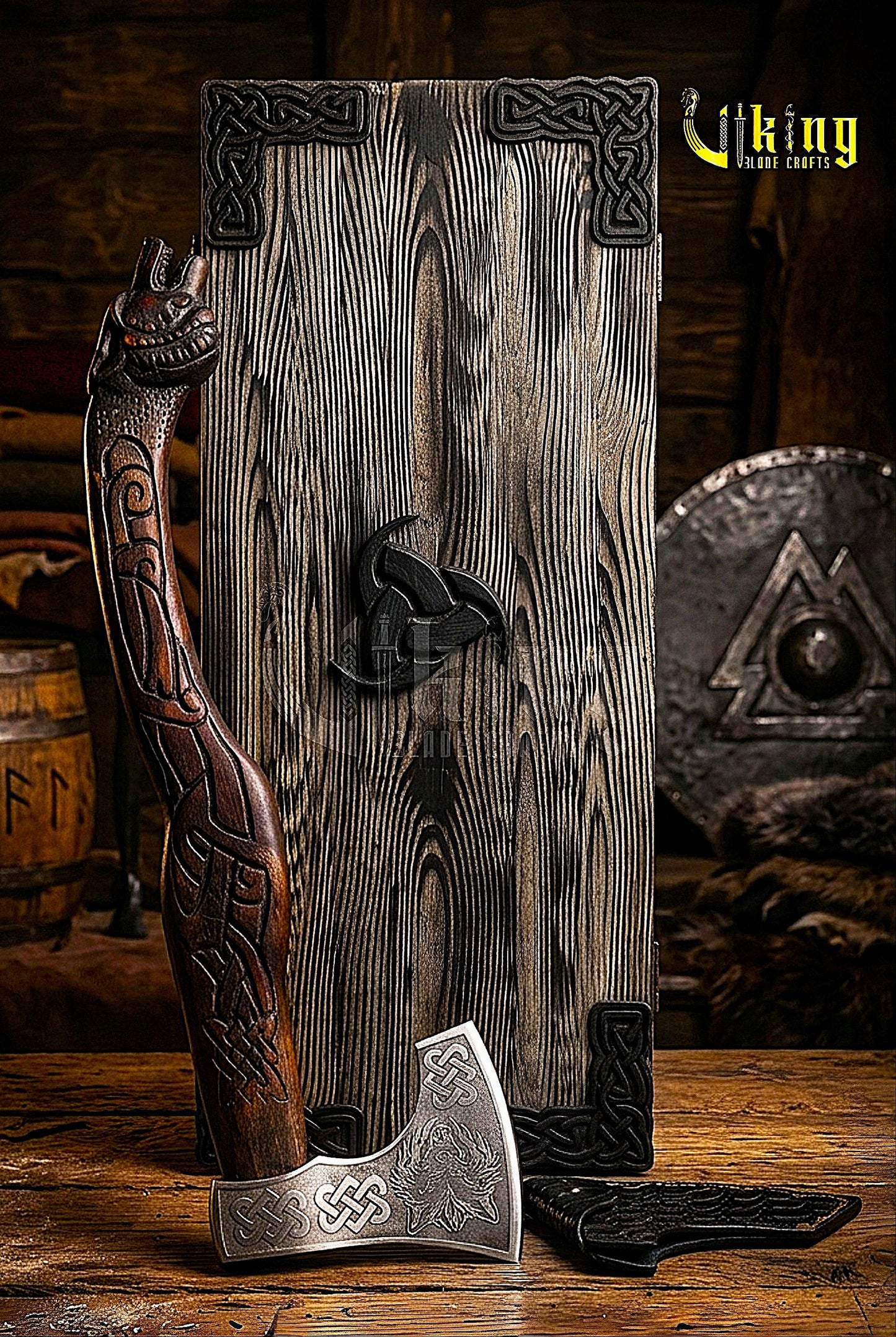 forged steel axe with custom hand carved wolf design