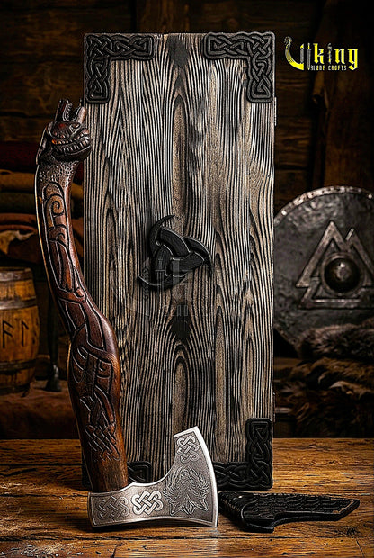 forged steel axe with custom hand carved wolf design