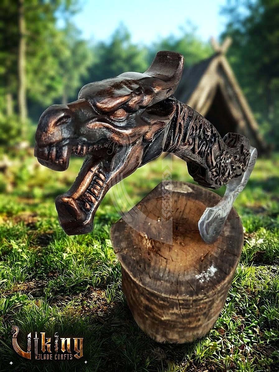 Norse Dragon Rosewood Axe 23" | Hand-Forged & Carved Viking Axe