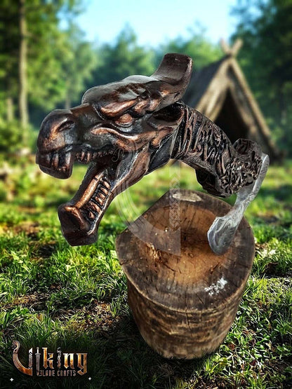 Norse Dragon Rosewood Axe 23" | Hand-Forged & Carved Viking Axe