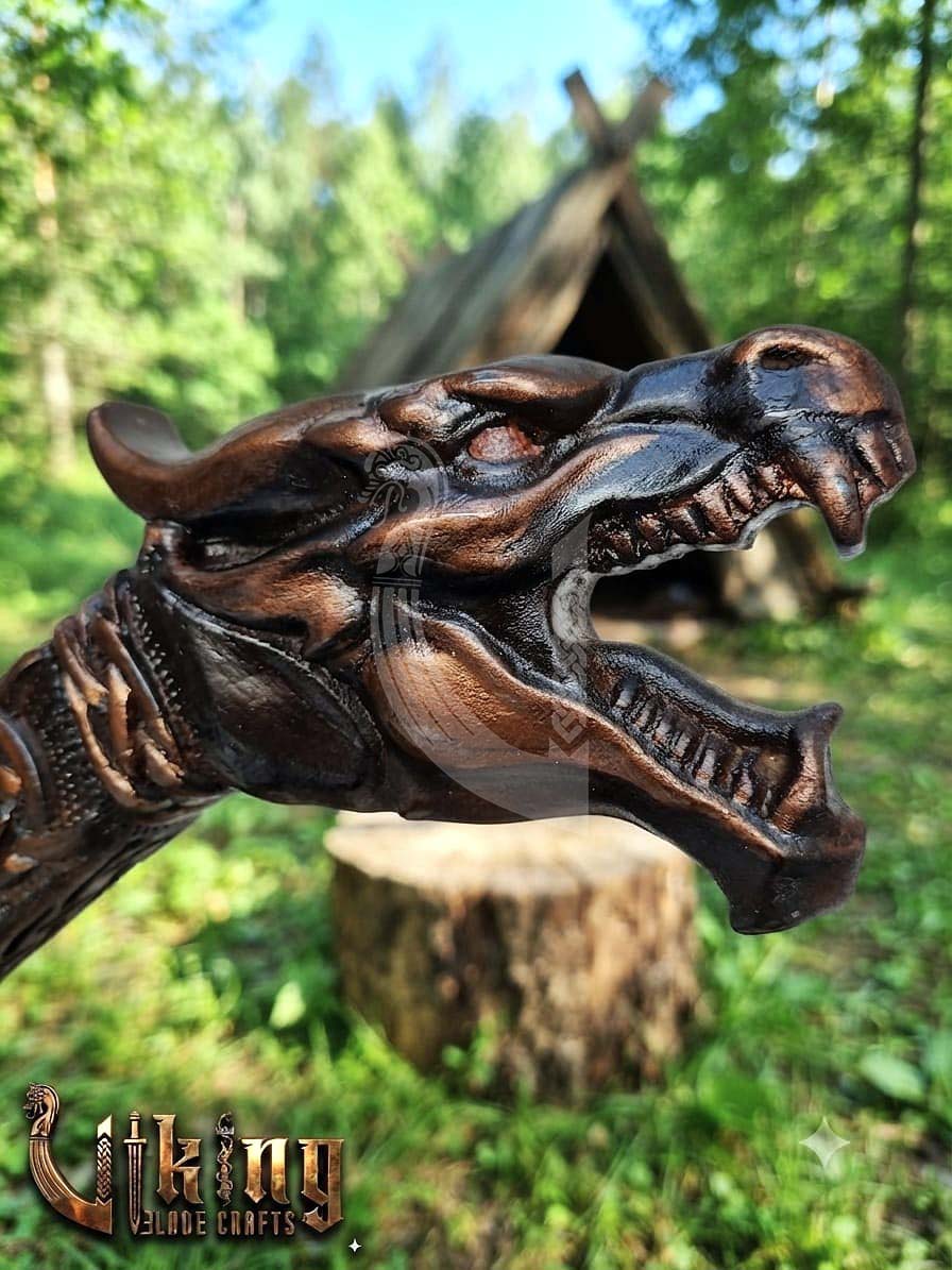 Norse Dragon Rosewood Axe 23" | Hand-Forged & Carved Viking Axe