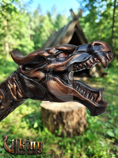 Norse Dragon Rosewood Axe 23" | Hand-Forged & Carved Viking Axe