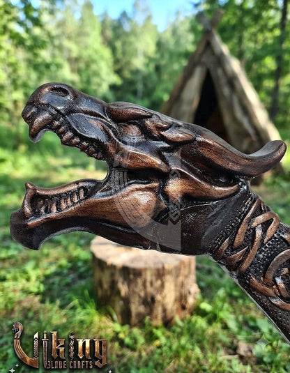 Norse Dragon Rosewood Axe 23" | Hand-Forged & Carved Viking Axe