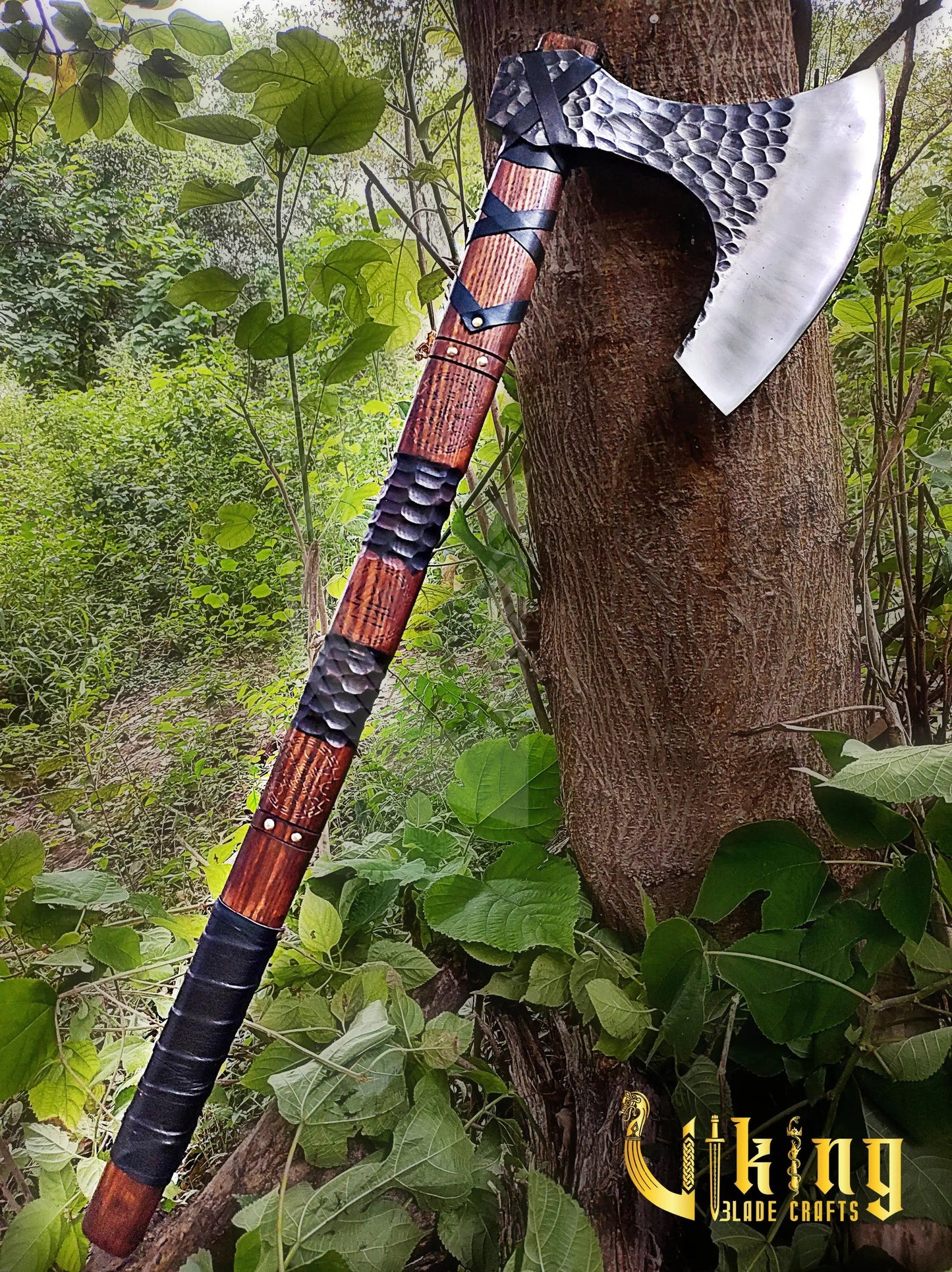 Hand-Forged 36" Viking Battle Axe & Carved Raven Shield Set Viking_Blade_Crafts