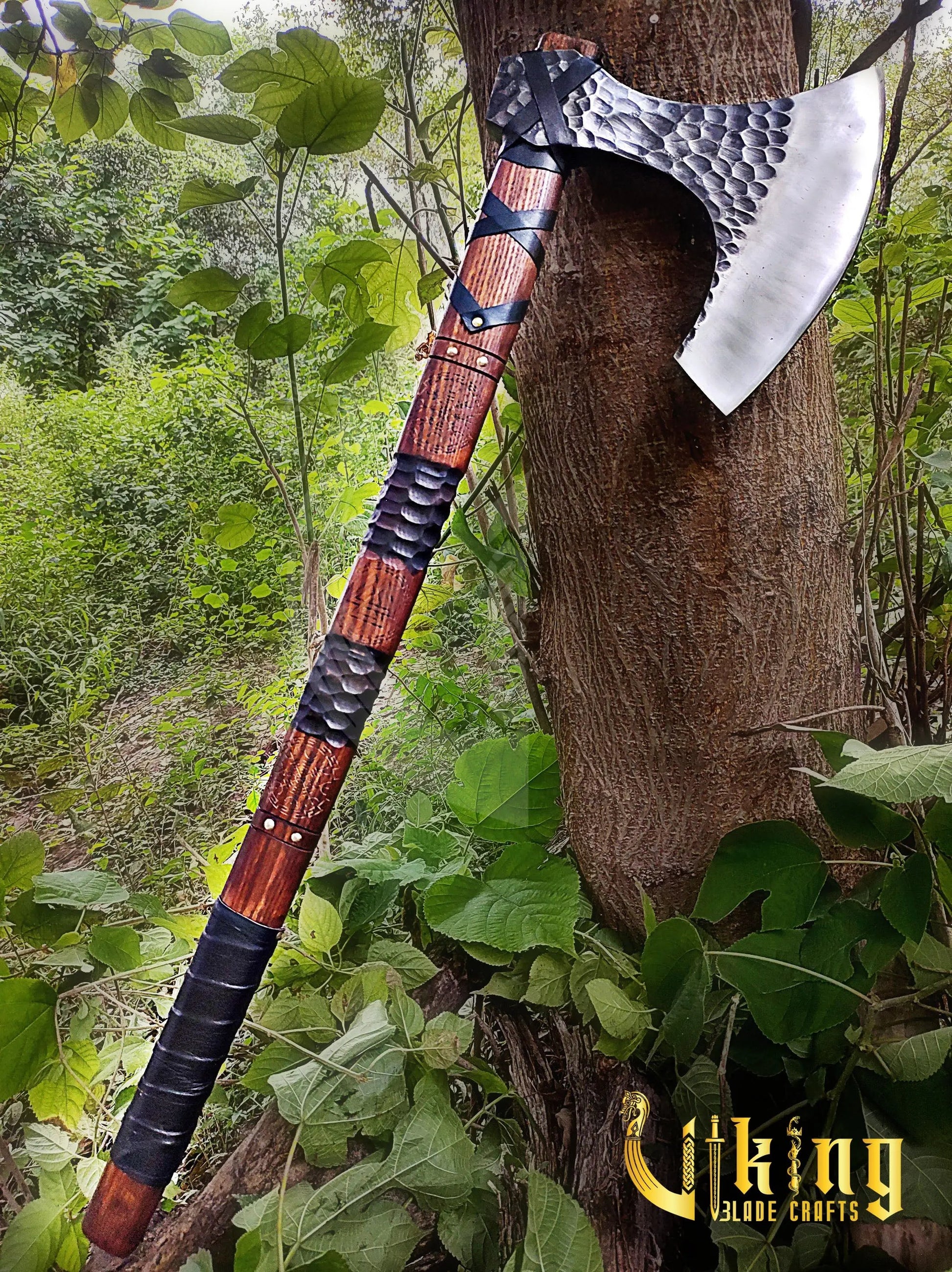 Hand-Forged 36" Viking Battle Axe & Carved Raven Shield Set Viking_Blade_Crafts