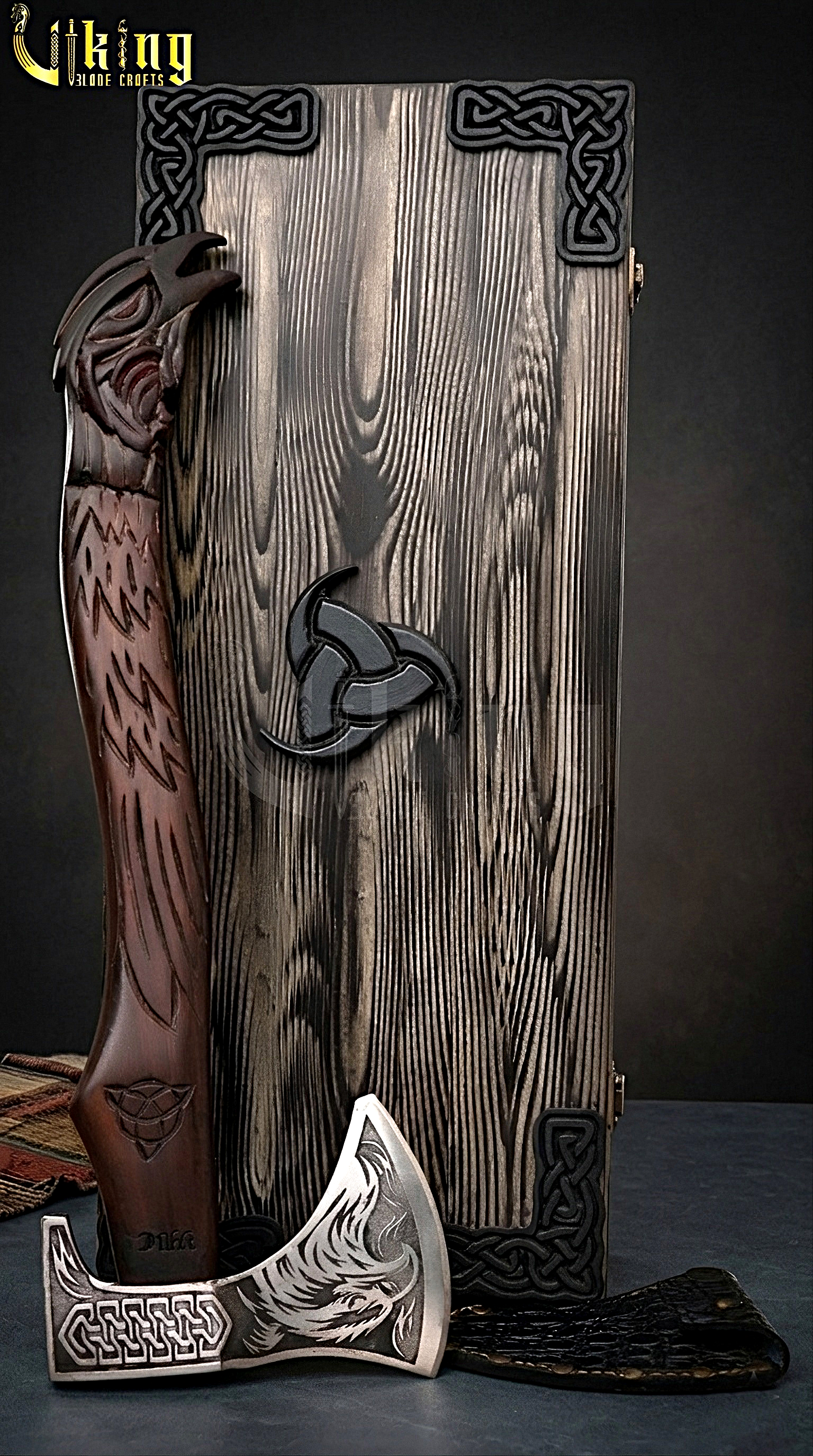 Norse mythology axe featuring Huginn Muninn raven design and forged blade