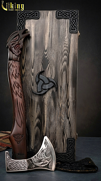 Norse mythology axe featuring Huginn Muninn raven design and forged blade