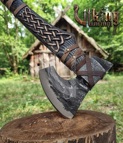 Hand-Forged Viking Bearded Axe 30" | Norse Knotwork Carved Curved Ashwood
