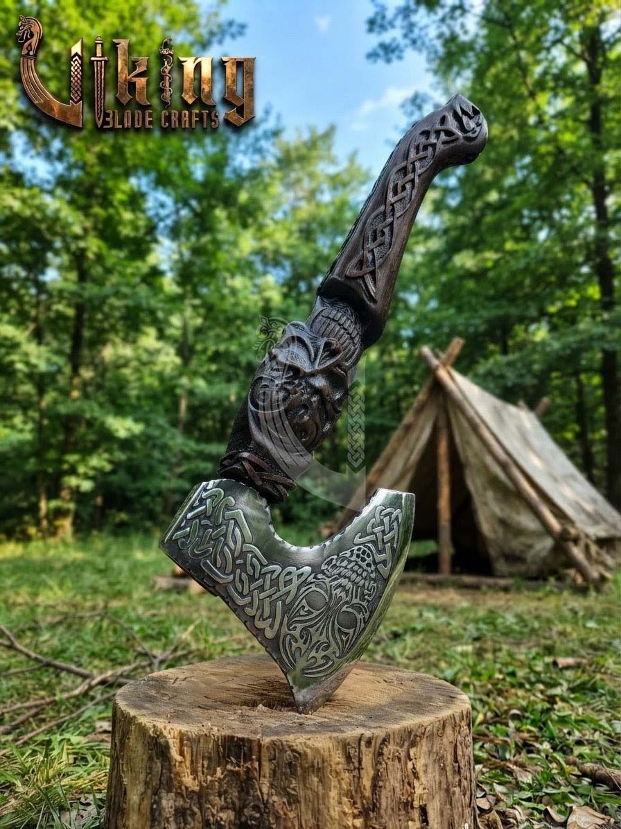 Hand-Forged 23" Norse Skull Carved Rosewood Axe | Skull Etched