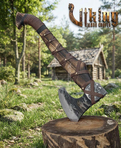True Hand-Forged Viking Bearded Axe 30" | Leather-Wrapped Hammer-Peened Skeggøx