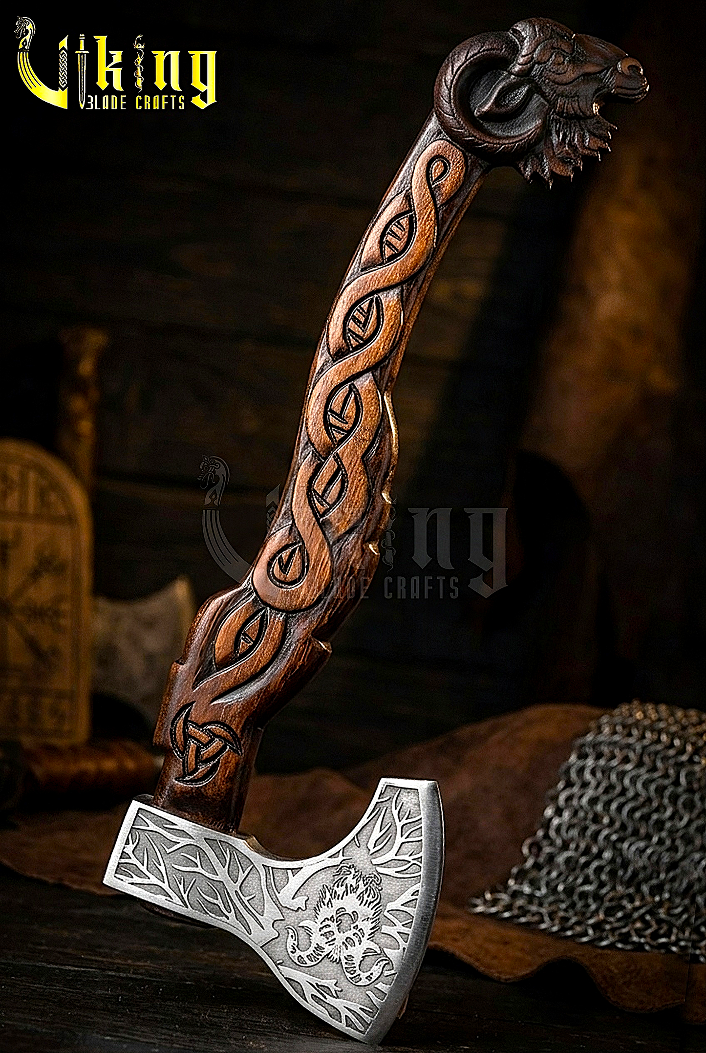 Thor goat Viking axe with hand carved geit handle and forged steel blade