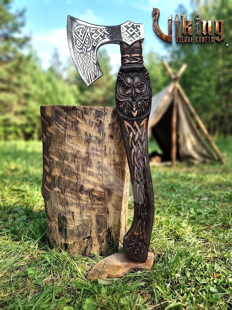 Norse Owl 23" Rosewood Axe | Hand-Forged & Carved Viking Axe