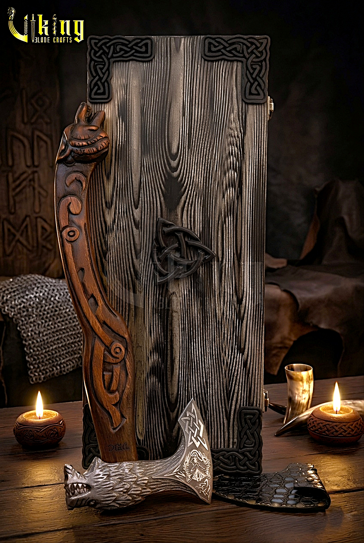 forged steel Norse axe with detailed Fenrir carving