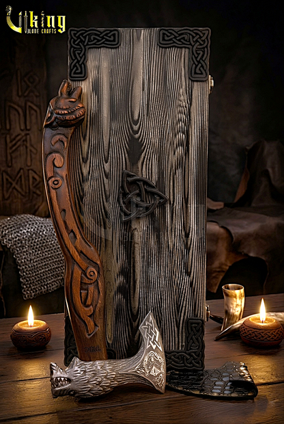forged steel Norse axe with detailed Fenrir carving