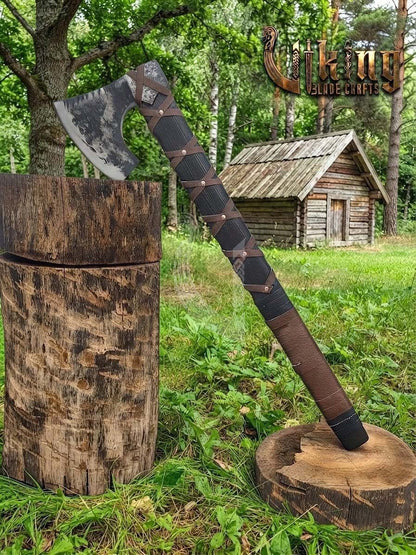 True Hand-Forged Viking Bearded Axe 30" | Leather-Wrapped Corrugated Skeggøx