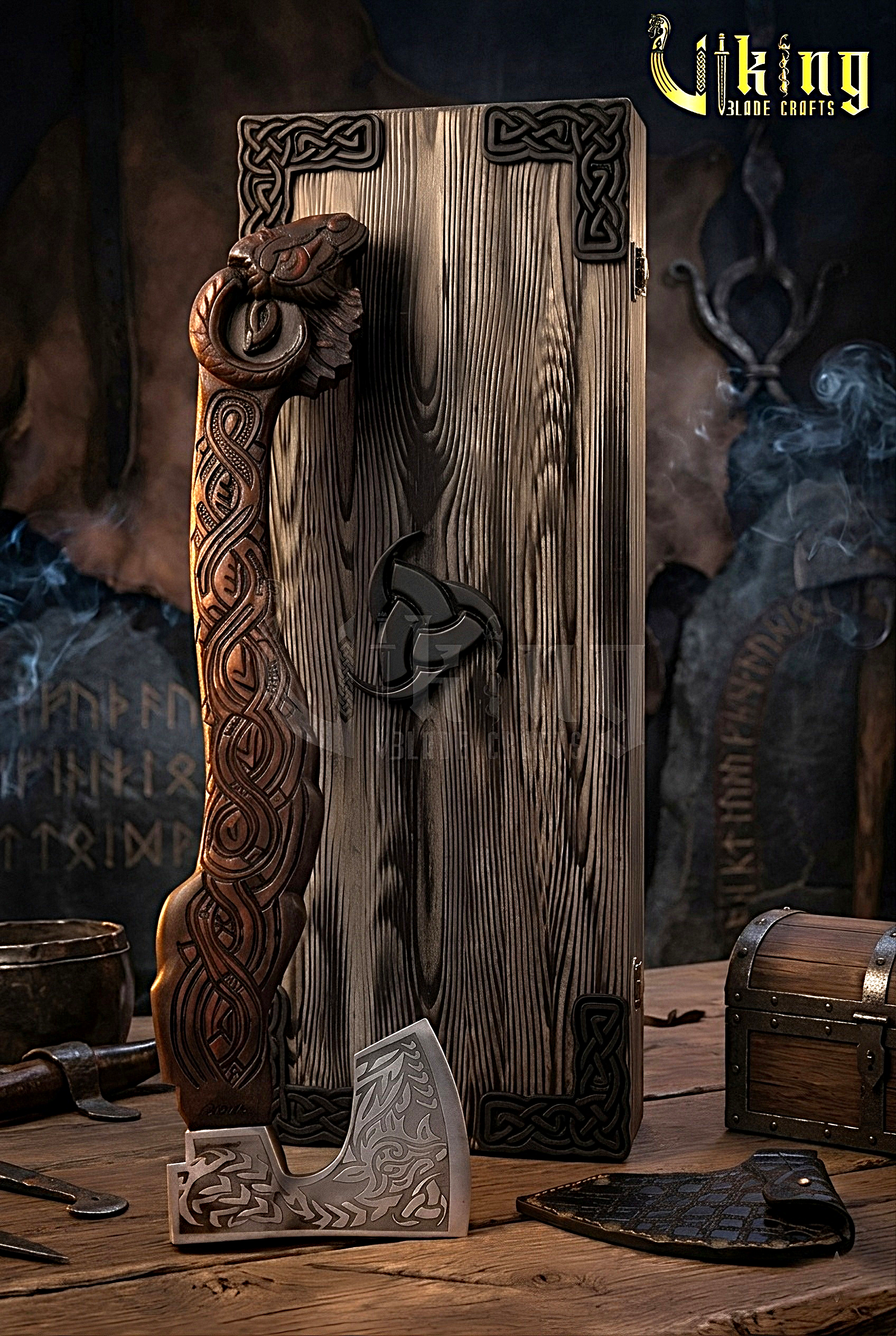 handcrafted Viking goat axe with detailed wood carving