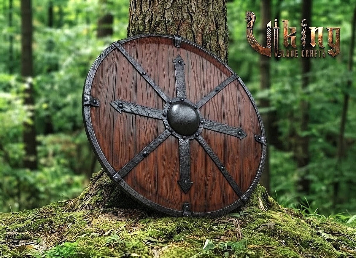 The Jarl’s Citadel 8-Spoke Steel-Braced Wooden Viking Shield