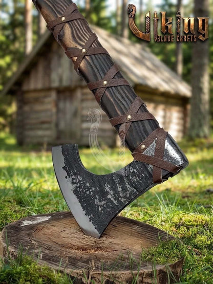 True Hand-Forged Viking Bearded Axe 30" | Leather-Wrapped Fanned Skeggøx