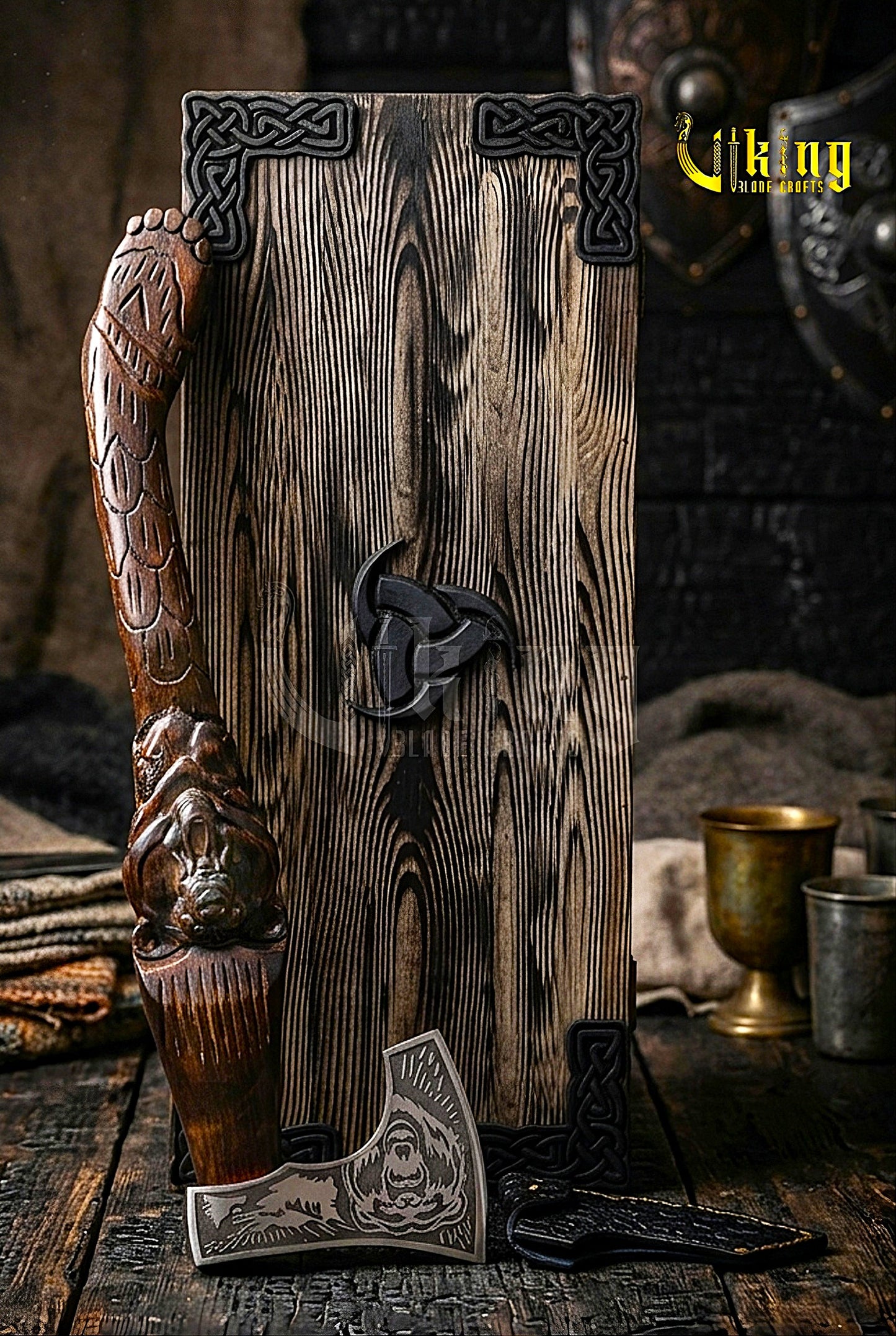 Viking bear axe with custom wood carving and leather sheath