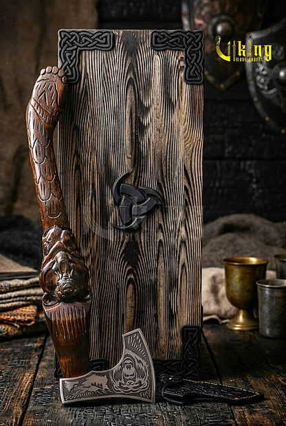 Viking bear axe with custom wood carving and leather sheath
