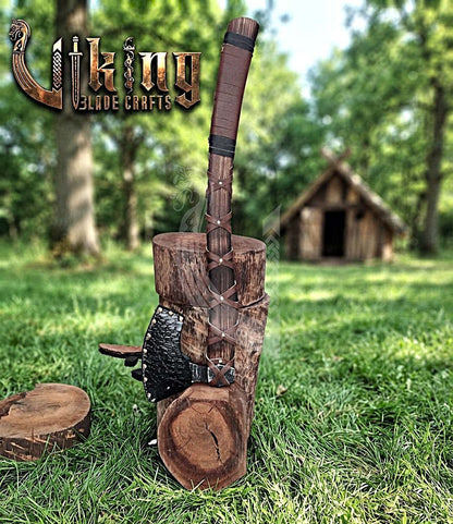 True Hand-Forged Viking Bearded Axe 30" | Leather-Wrapped Upswept Skeggøx