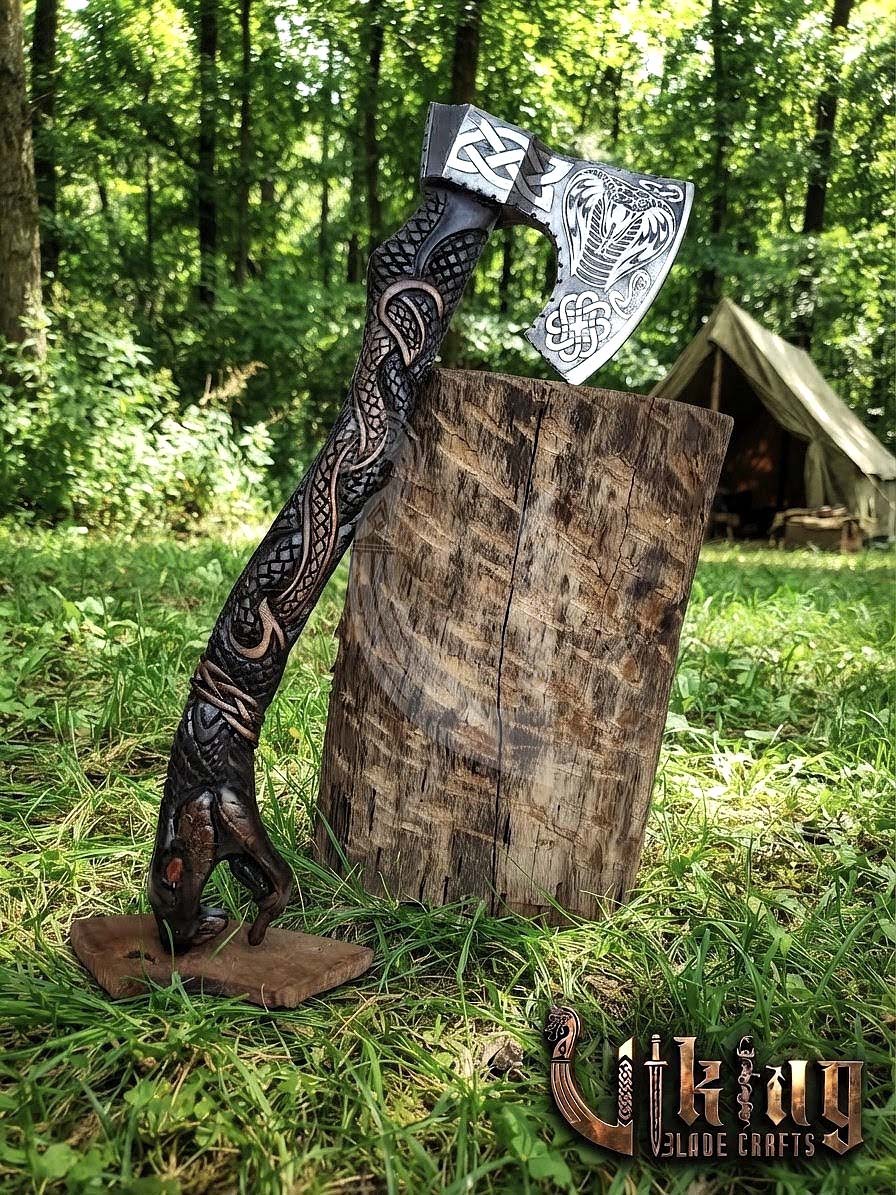 Hand-Forged Norse Serpent Carved Rosewood Axe 23" | Serpent Etched