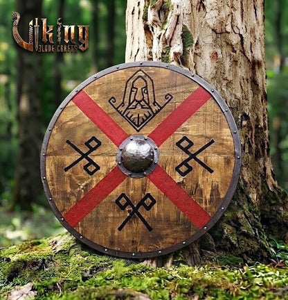 The Skjöldr of Asgard Red Cross & Runic God-Mask Viking Shield