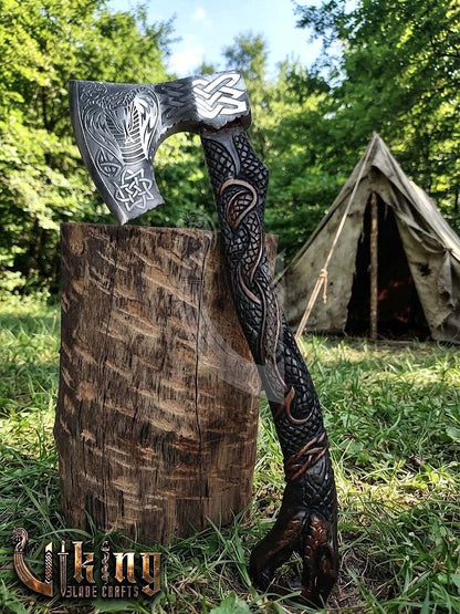 The Wyrm’s Fang 23" Hand-Forged Norse Carved Serpent Rosewood Axe