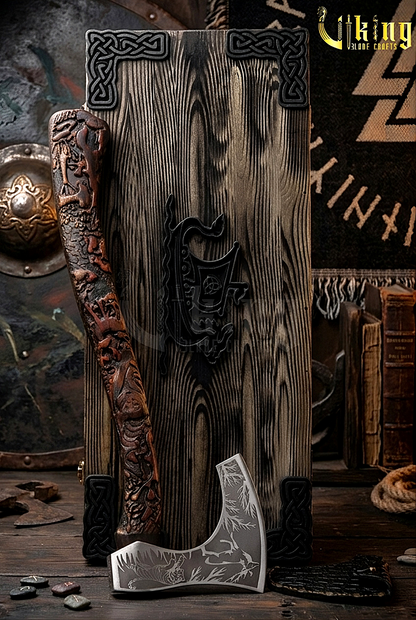 custom wildlife Viking axe with rosewood handle
