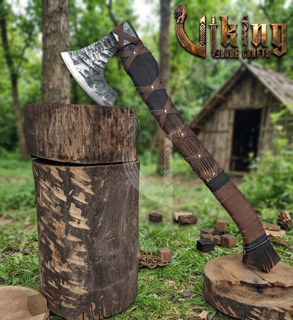 True Hand-Forged Viking Bearded Axe 30" | Leather-Wrapped Fanned Skeggøx