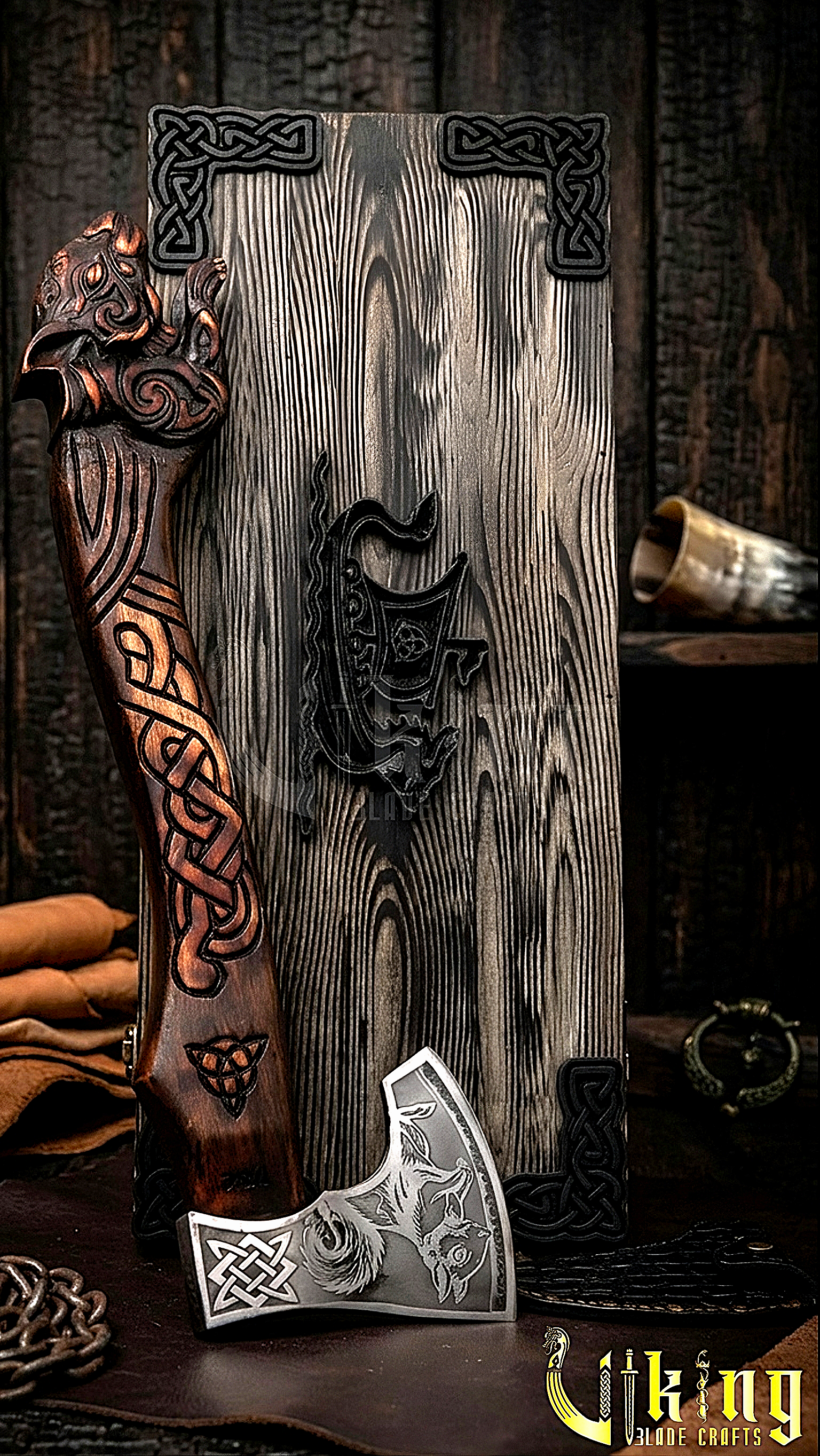 hand carved Viking axe with Ratatoskr design and leather sheath