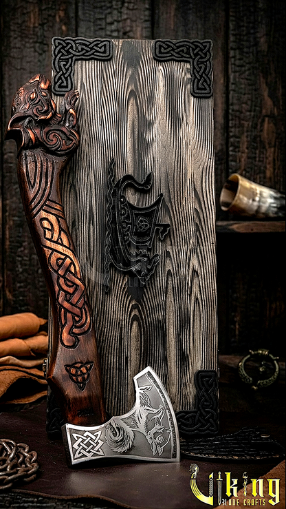 hand carved Viking axe with Ratatoskr design and leather sheath