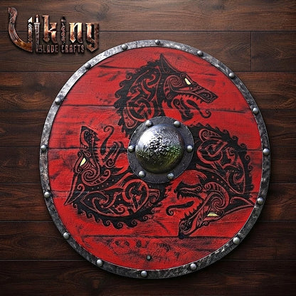 The Crimson Wolf Hand-Painted Triple-Wolf Viking Shield