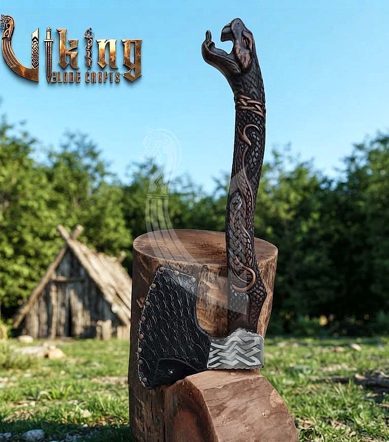 The Wyrm’s Fang 23" Hand-Forged Norse Carved Serpent Rosewood Axe