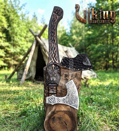 Norse Owl 23" Rosewood Axe | Hand-Forged & Carved Viking Axe