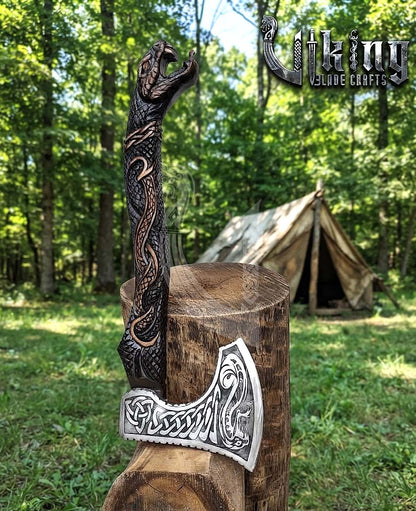 The Jormungandr Wrath 23" Hand-Forged Norse Serpent Carved Rosewood Axe