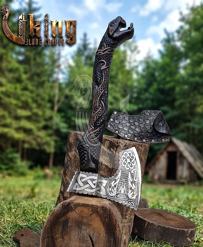 Hand-Forged Norse Serpent Carved Rosewood Axe 23" | Serpent Etched