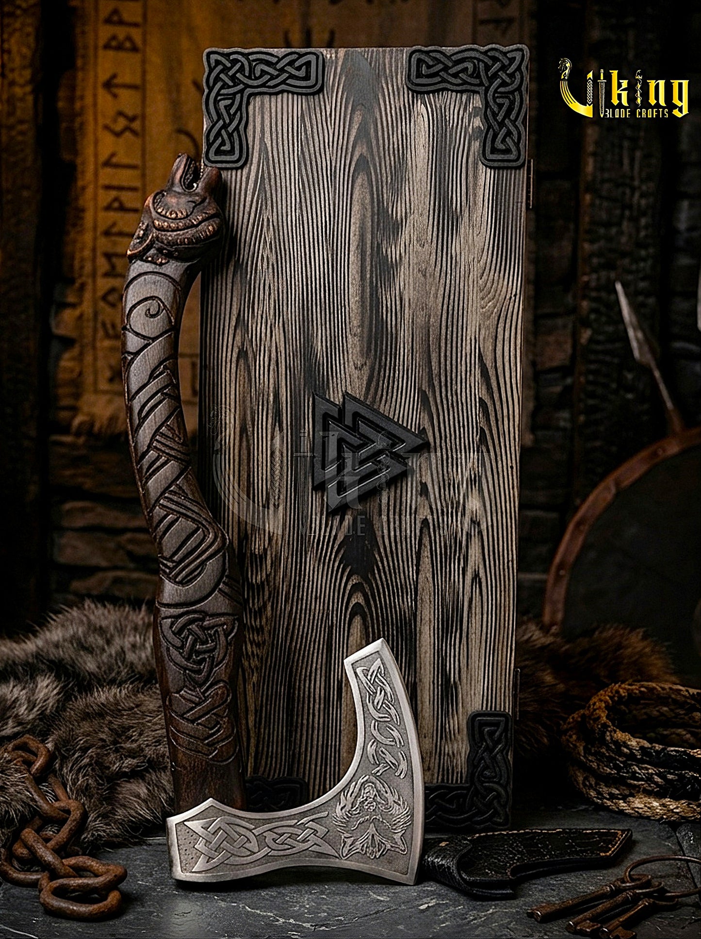 forged steel Viking axe with detailed wolf carving